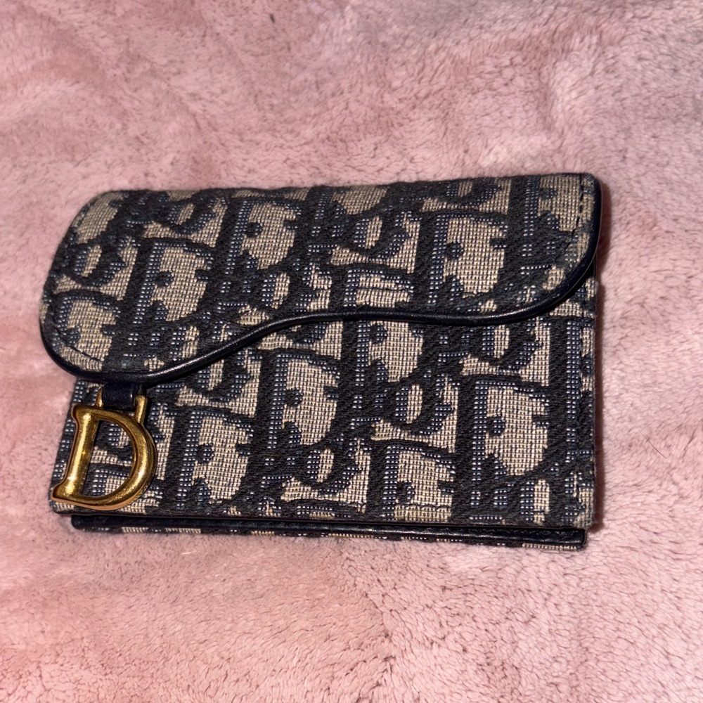 Dior Oblique saddle Canvas card holder Beige & Navy with Gold D Charm